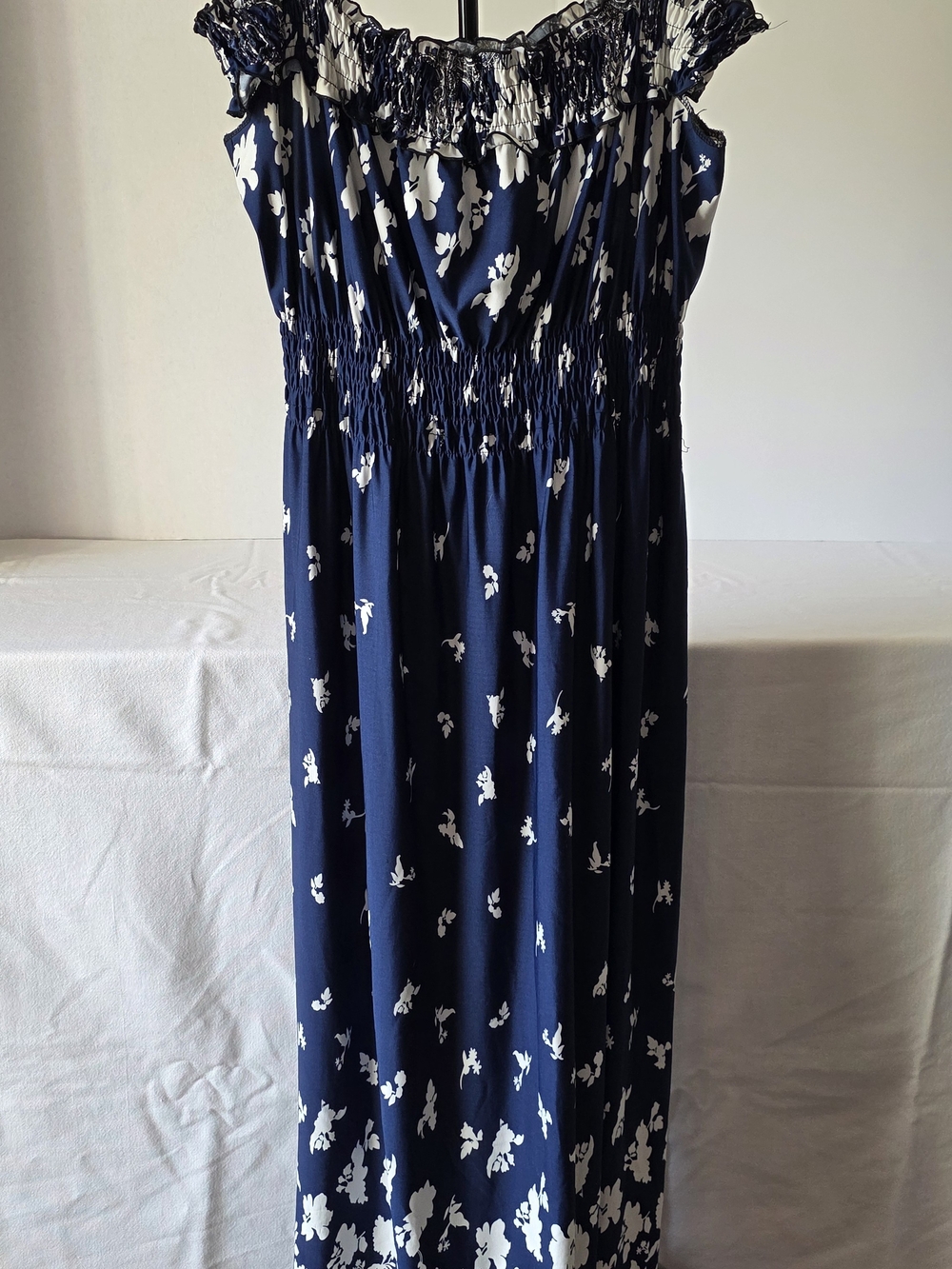 Source Unknown Navy and White Floral Off-Shoulder Maxi Dress